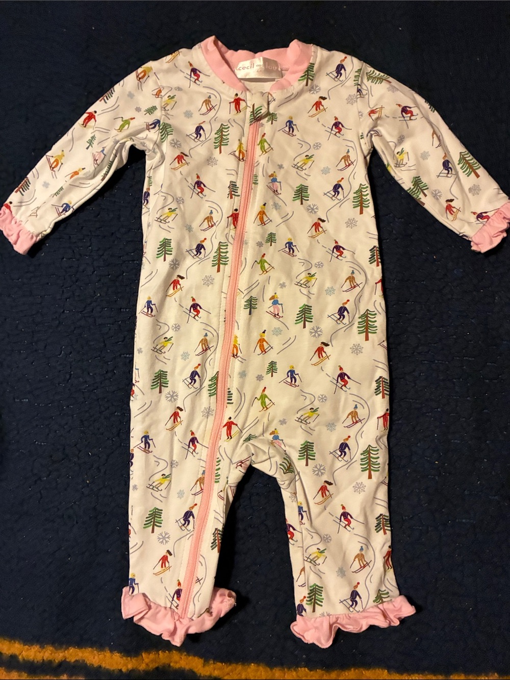 Cecil and Lou White Ski-Print Zip-Front Baby Bodysuit with Pink Trim